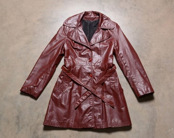 vintage 70s oxblood leather trench coat belt waist 1970 women vtg size 11