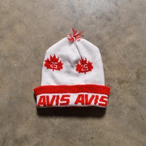 vintage 70s Avis knit ski cap winter hat pom beanie 1970 red white maple leaf Canada