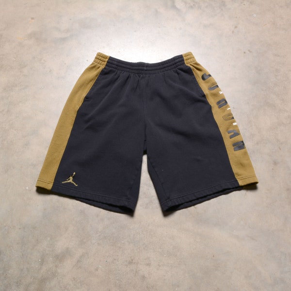 vintage Air Jordan shorts spell out logo youth XL adult S 28-38 waist black and gold sweat shorts