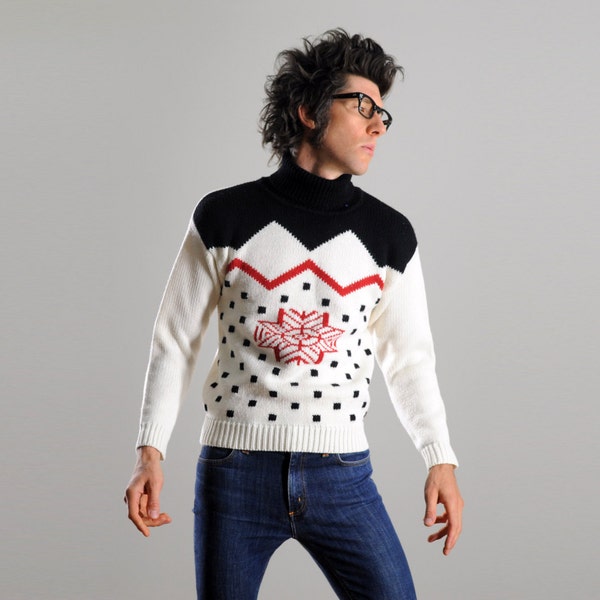 vintage 80s snowflake sweater 1980 Christmas winter red black cream turtleneck small XS