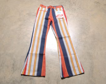 vintage 60s 70s flare leg pants bellbottom red blue yellow white stripe hippie boho men women unisex Tads NOS deadstock size 29 29x31