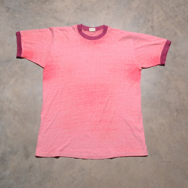 vintage 70s pink red ringer t-shirt 1970 men women unisex tee shirt paper thin burnout L large Sears Body Wear