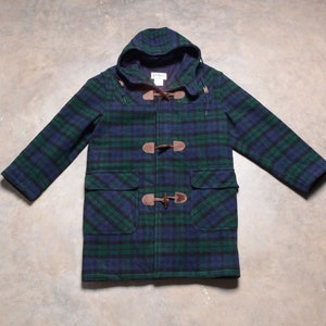 Vintage 80s LL Bean Duffle Coat Navy Green Blackwatch Plaid Wool