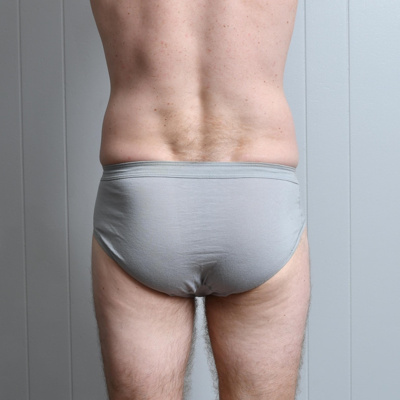 Puede incluir: Un slip gris claro. El slip est&aacute; hecho de un material suave y tiene un dise&ntilde;o sencillo. La cintura es de un tono gris m&aacute;s oscuro. El slip se muestra desde atr&aacute;s.