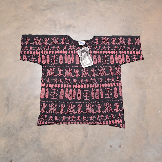 vintage surf tee hand printed tiki pattern t-shirt Coolum Beach Australia Jungle Party 100% OZ men women unisex L/XL