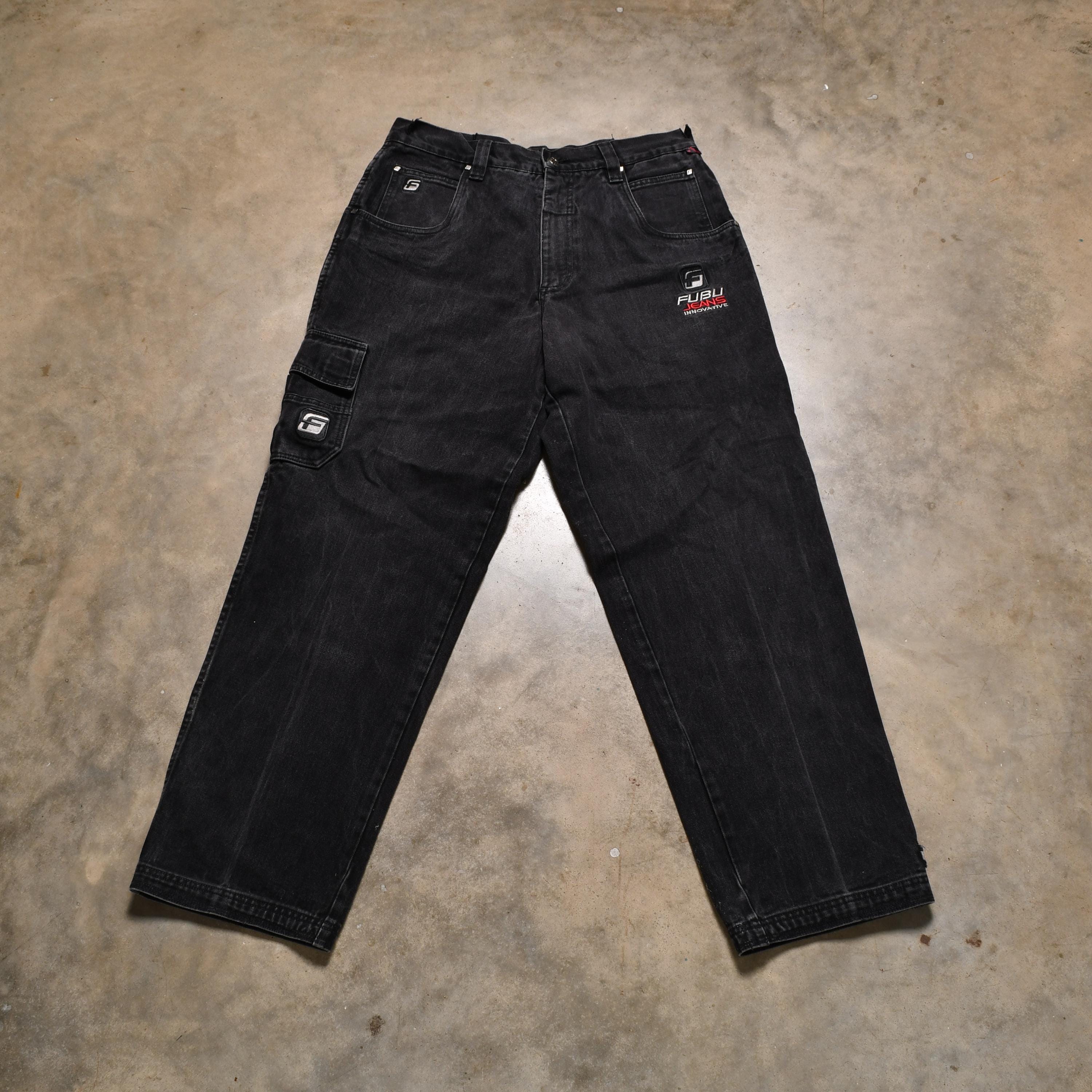 Vintage 90s FUBU Jeans Black Denim Wide Leg Baggy 1990 Men