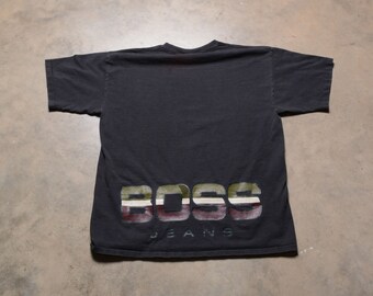 vintage 90s BOSS Jeans t-shirt spell out big logo 1990 men women unisex XL one size fits all single stitch