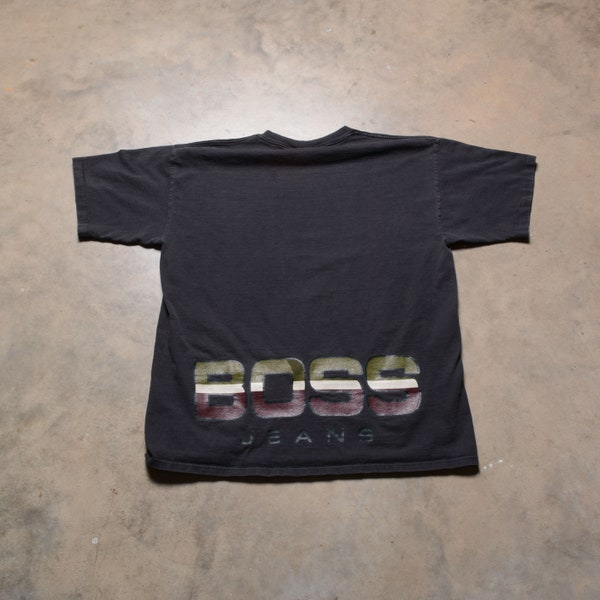 vintage 90s BOSS Jeans t-shirt spell out big logo 1990 men women unisex XL one size fits all single stitch