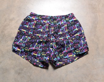 vintage 80s 90s Athletic Works board shorts bathing suit swim trunks 1980 1990 abstract geometric print 30-38 waist M/L