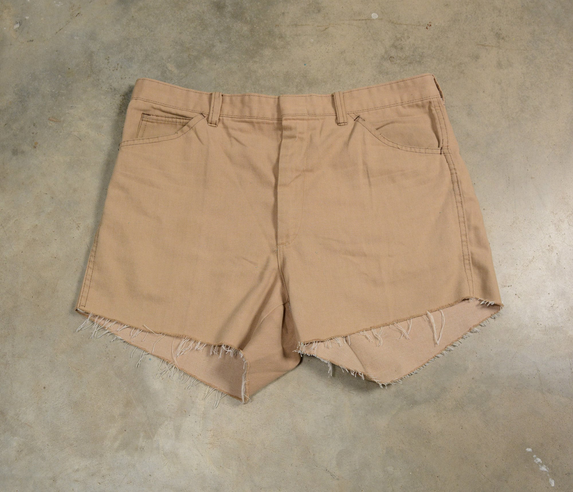 vintage 70s cutoff jean shorts tan brushed cotton denim 1970 men women 36 waist cut off