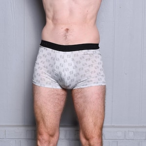 May include: White boxer briefs with a black waistband. The briefs have a repeating pattern of a light gray design. The model is standing in front of a gray and white wall.