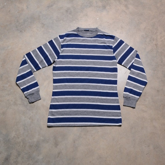 men vintage knit shirt 60s 70s crew neck long sle… - image 1