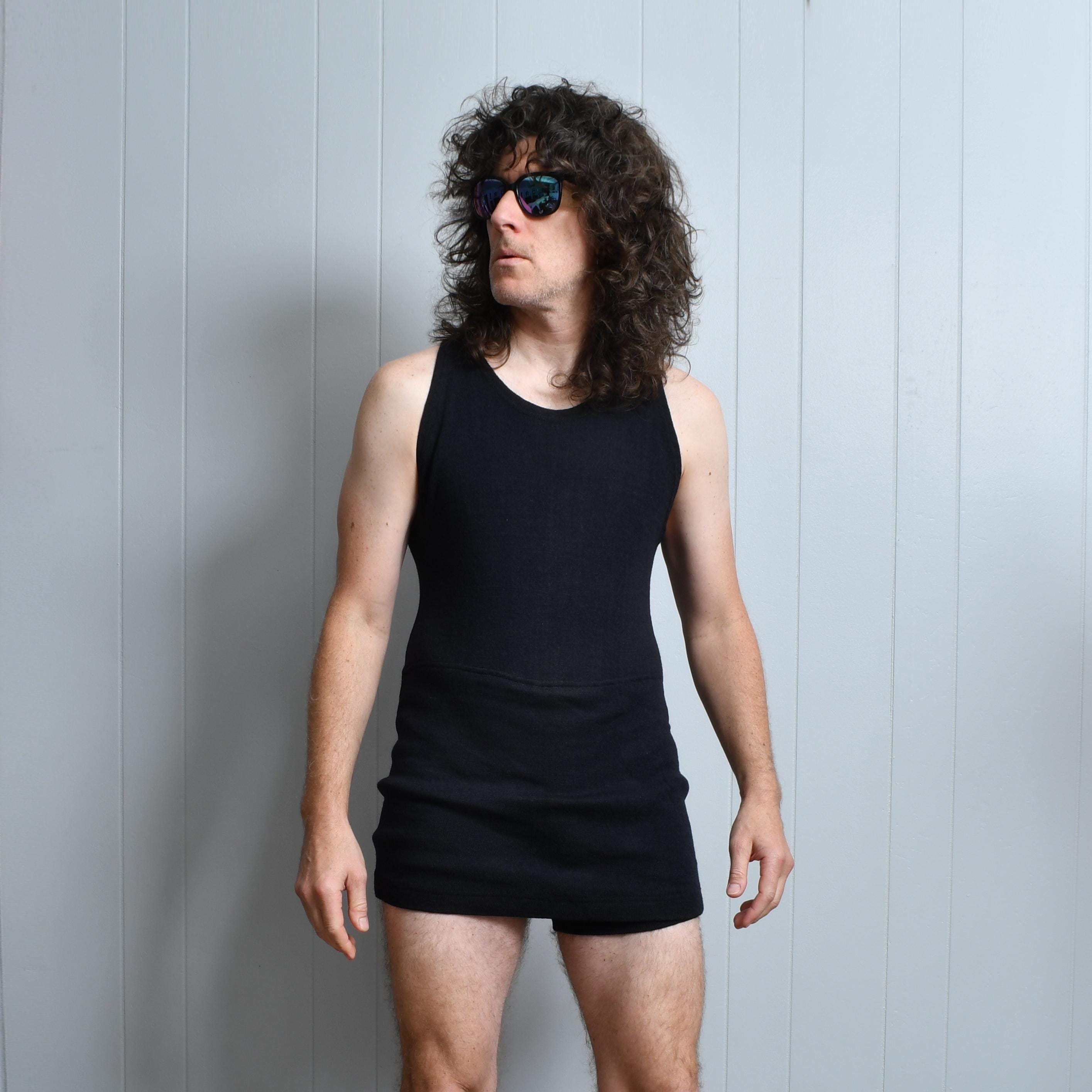 vintage bathing suit 20s 30s one piece black wool swim costume 1920 1930 men menswear S/M