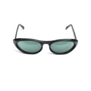 May include: A pair of sunglasses featuring a glossy black plastic frame with an oval shape and dark green tinted lenses. The temples are thin and black, extending from the outer edges of the frame to provide a secure fit for the wearer.