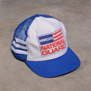 vintage 80s three stripe trucker hat mesh baseball cap MN Minnesota Nationa Guard red white blue