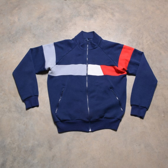 vintage 80er Jahre Trainingsjacke Herman's Sporting Goods Trainingsjacke  1980 weiss rot blau gestreift L/XL Männer Frauen Unisex