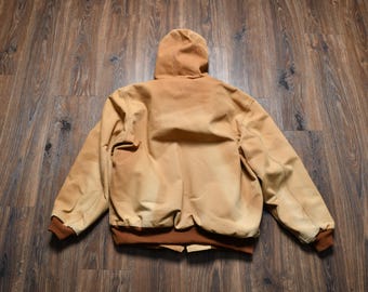 Vintage 90s 00s Carhartt Tan Denim Canvas Jacket Hooded Work