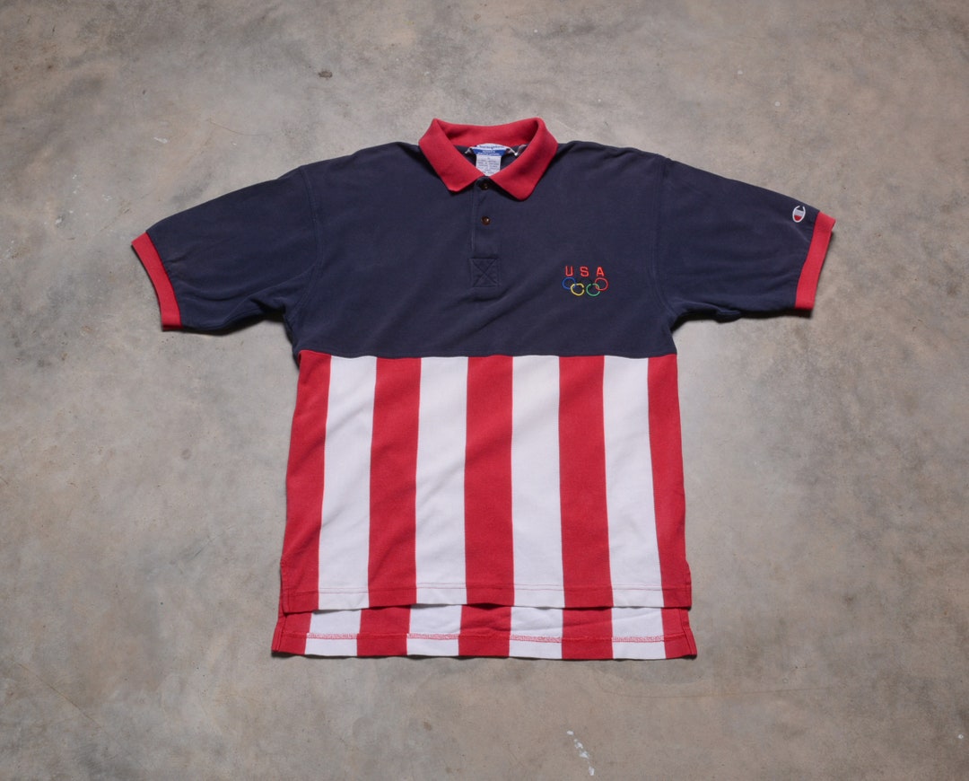 Vintage 90s USA Olympics Polo Shirt Champion Red White Blue