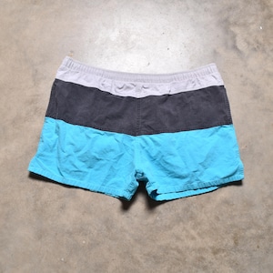vintage 80s board shorts 1980 Bermuda Split swim trunks blue black gray color block bathing suit swimsuit 38-42 waist L/XL