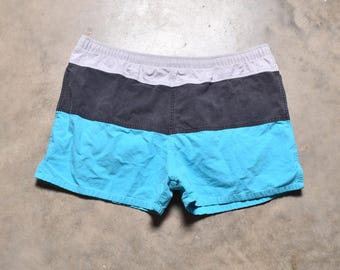 vintage 80s board shorts 1980 Bermuda Split swim trunks blue black gray color block bathing suit swimsuit 38-42 waist L/XL