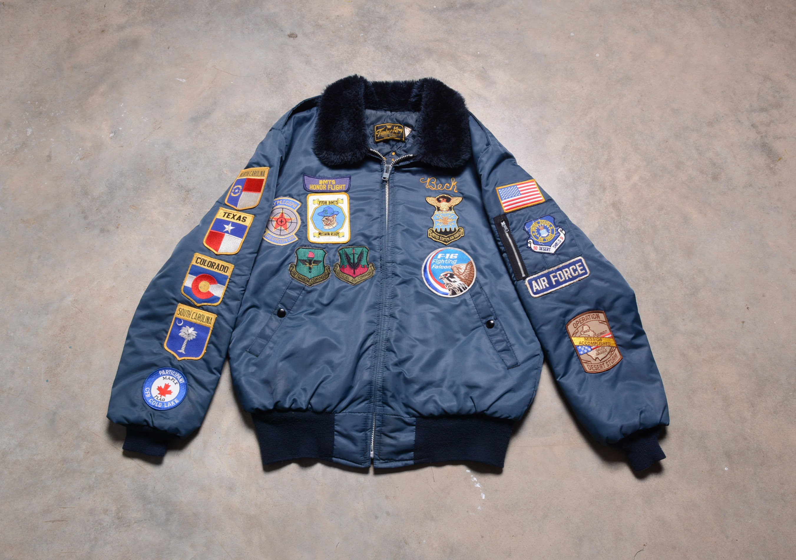 Vintage Bomber Jacket Satin Blue Fur Collar Flight Pilot F-16