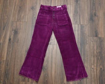 Pantalones acampanados vintage de terciopelo morado de los años 70, pantalón de campana, estilo marinero con botones delanteros, cintura 28, 28 x 27