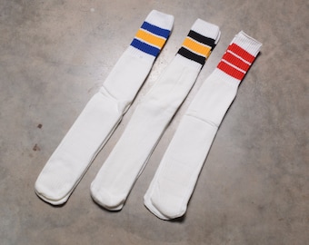 vintage 80s tube socks red white blue yellow black stripe 1980 athletic sport gym tennis roller derby rollerskate 22&quot; NOS deadstock
