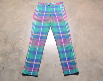 vintage 80s Polo pants Ralph Lauren plaid pants buckle back slim leg cuff 1980 preppy trad ivy league 30-32 waist long tall