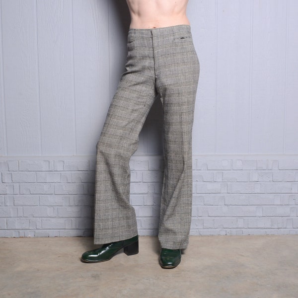 vintage 70s plaid bellbottom pants glen plaid gray flare trouser 1970 men women unisex 31x34 31L long tall