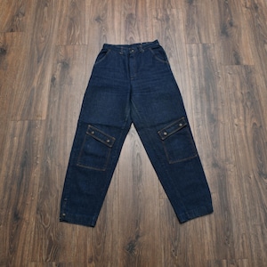 vintage 70s 80s jeans high waist patch pocket snap ankle Stuffed Jeans dark wash denim baggy taper mom jean