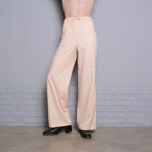vintage 70s wide leg flare pants high waist pale pink zip front drawstring tie 1970 women lightweight lounge trouser 24-32 waist