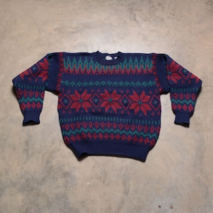 vintage 80s ski sweater fair isle folk snowflake jumper red blue green 1980 men women unisex L/XL GAP
