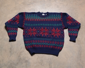 vintage 80s ski sweater fair isle folk snowflake jumper red blue green 1980 men women unisex L/XL GAP