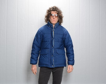Vintage 70s LL Bean Faux Down Jacket Nylon Puffy Navy Blue Coat