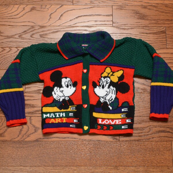 vintage 80s 90s Mickey Mouse sweater boy girl youth cardigan Christmas school Math Art Love Mickey's Stuff For Kids 6X 28" chest