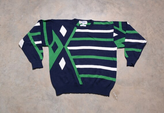 Vintage 90s Pringle Golf Sweater 1990 Blue Gren White Stripe Diamond Pattern 100% Cotton Men Women Unisex M/L