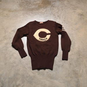 Suéter universitario vintage de los años 30 y 40, de lana marrón, con letras de Letterman C, estilo 1930 y 1940, talla XS/S, para hombre y mujer, unisex