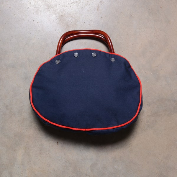 vintage 60s 70s handbag navy blue red piping purse 1960 1970 women accessory mod mid century faux bois handle