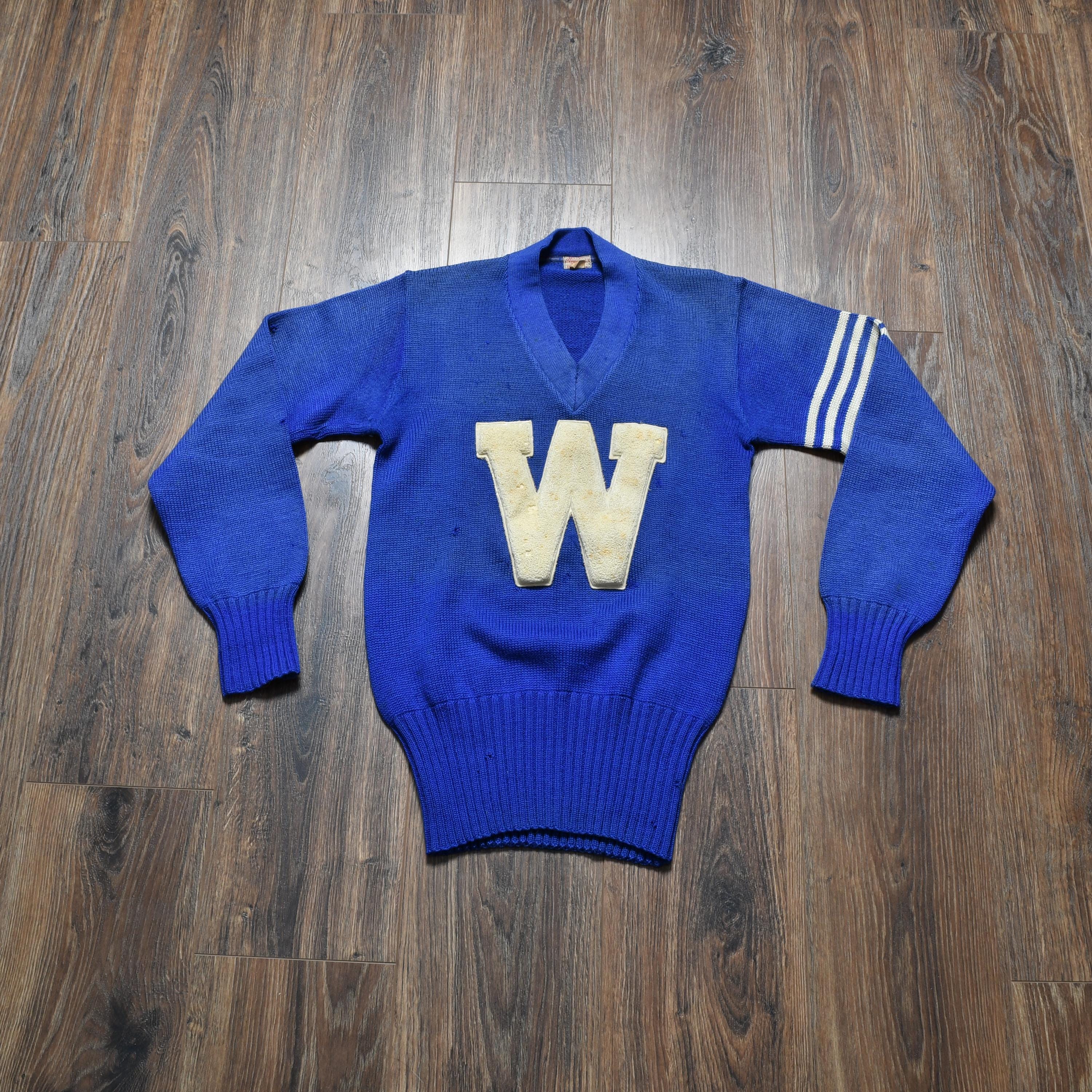 Vintage 30s 40s Varsity Sweater Blue Wool V-neck Letter Letterman