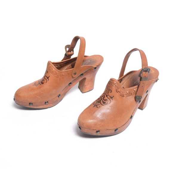 vintage 70s Pina Colada platform clog distressed brown leather mule women shoe size 6 1970 boho hippie