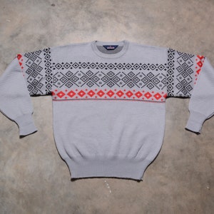 vintage 70s 80s snowflake ski sweater red grey black diamond pattern crewneck jumper Herman's L/XL men women unisex