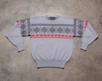 vintage 70s 80s snowflake ski sweater red grey black diamond pattern crewneck jumper Herman's L/XL men women unisex