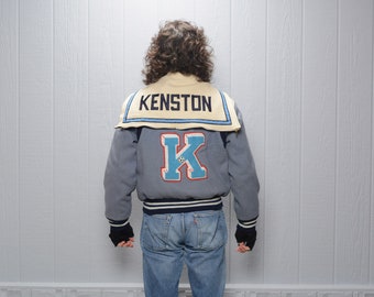 vintage 80s varsity jacket letterman jacket blue gray 1980 hooded letter jacket Kenston soccer Eric Holloway USA M/L