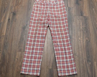 Pantalones acampanados de pierna ancha a cuadros estilo vintage de los años 70, talla 36x33, color rojo, azul y amarillo.