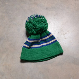 vintage 70s wool knit ski cap winter hat floppy pom beanie 1970 white green blue stripe