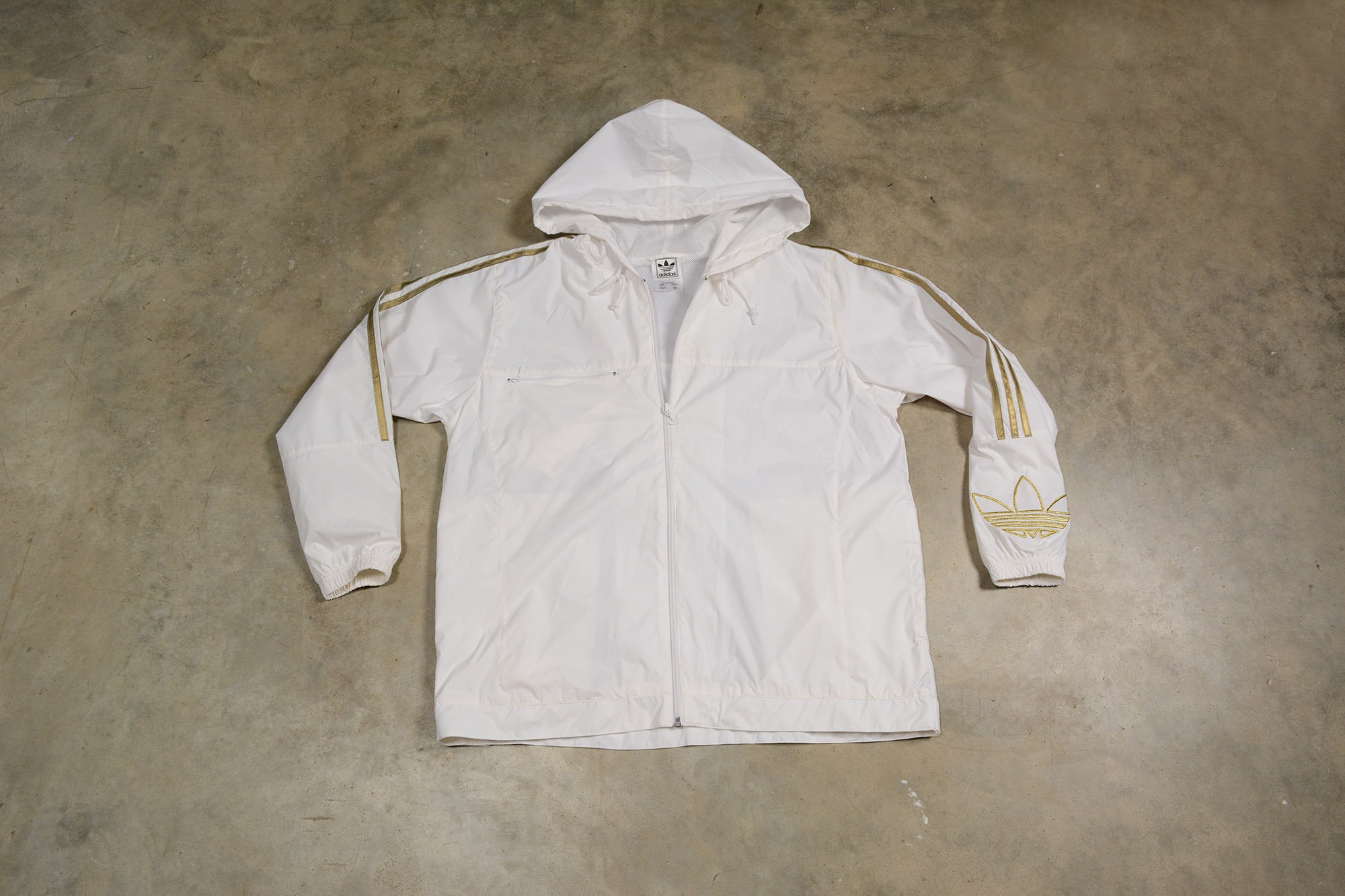 White adidas jacket with gold stripes cheap