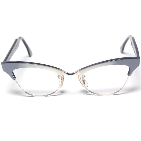 vintage eyewear 50s 60s cat eye glasses retro eyeglasses silver gray metallic fade plastic frames 1950 1960 Bausch & Lomb 46-20 12K GF