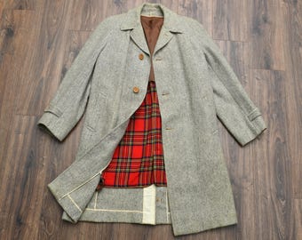 vintage 60s winter jacket wool herringbone tweed overcoat carcoat car coat 1960 men menswear L/XL custom made flannel lining