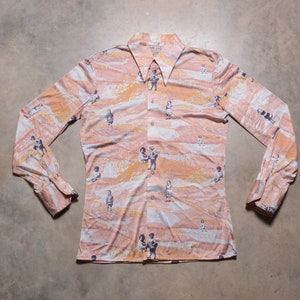 vintage 70s disco shirt allover print Nik Nik Italy nylon dress shirt children in a field 1970 men menswear S/M picture shirt