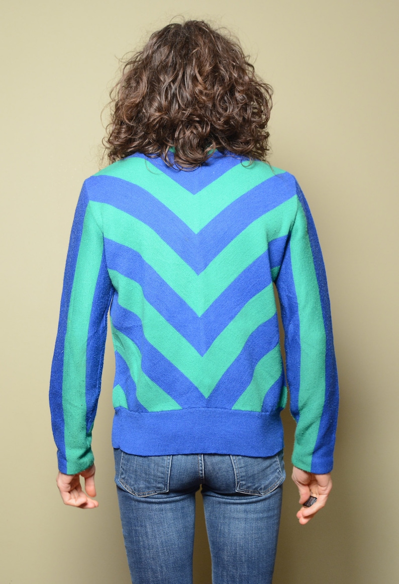 vintage ski sweater 70s blue green chevron stripe Meister 1970 ski sweater racing competition ski sweater 100/% wool ML